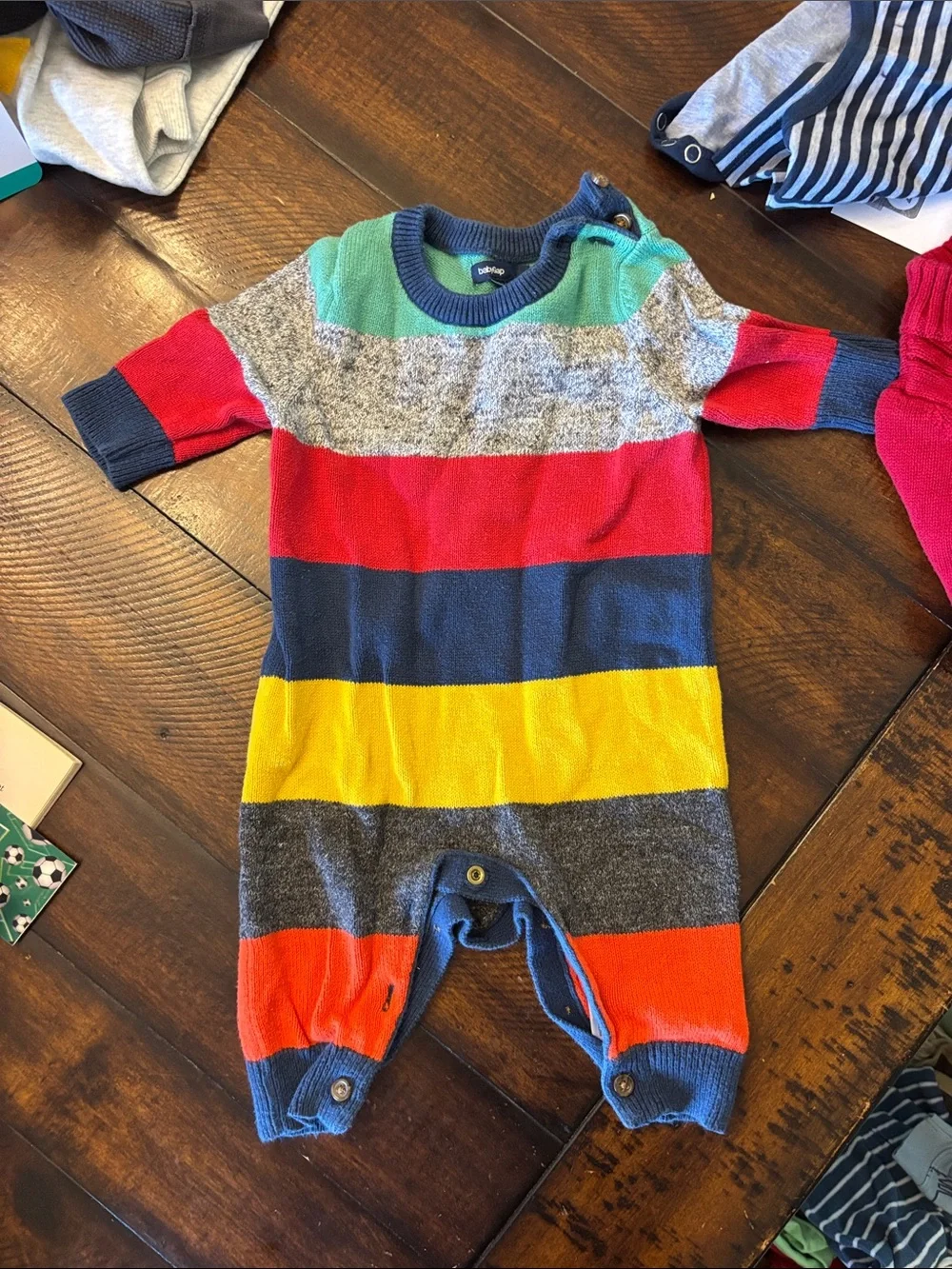 Baby Multi-Color Striped Knit Romper & Red Cable-Knit Sweater Set